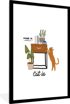 Produktbild von MuchoWow® MuchoWow® Gerahmtes Poster Sprichwörter - Zitate - 'Zuhause ist, wo deine Katze ist' 60x90 cm - Poster mit zchwarzem Bilderrahmen - Dekoration - Wandposter Wohnzimmer - Hochwertig