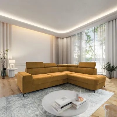 Produktbild von Masseno Ecksofa ALVORO R-S mit Schlaffunktion L-Form, Sofa mit Bettkasten, Wohnzimmersofa, Couch, Soffa, Bettsofa, Couchgarnitur- Gelb, MONOLITH 48