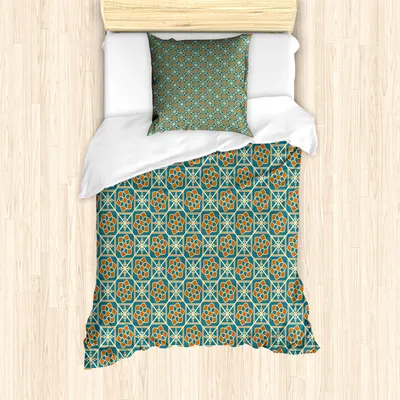 Produktbild von ABAKUHAUS Orient Mantele, Narzissen, Milbensicher Allergiker geeignet mit Kissenbezügen, 135 cm x 200 cm - 80 x 80 cm, Teal orange