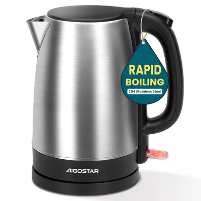 A product shot of a stainless steel electric kettle on a white background.