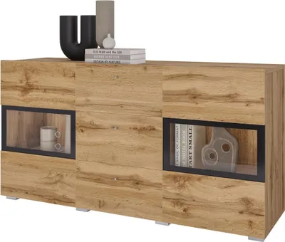 Image de Buffet RAMOS 130 cm – Chêne doré et noir – 2 portes vitrées et 3 tiroirs – Sans LED