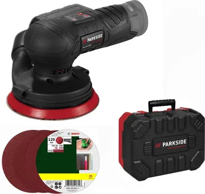 A collage of a cordless orbital sander, a case, and sanding discs.