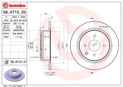 Produktbild von 2x BREMBO Bremsscheibe 08.A715.21 für NISSAN TIIDA Schrägheck CUBE (Z12) 62mm