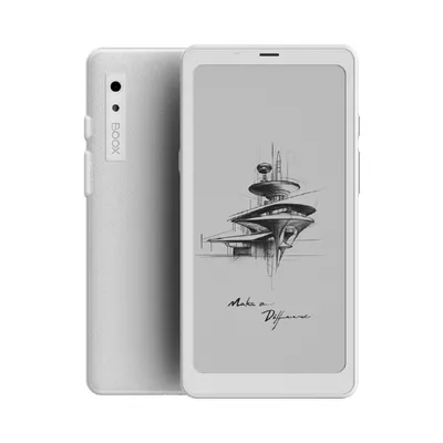 A white Boox Palma2 E-Reader is shown from the front and back against a white background. The screen displays a sketch of a futuristic building and the text 'Make a Difference'.