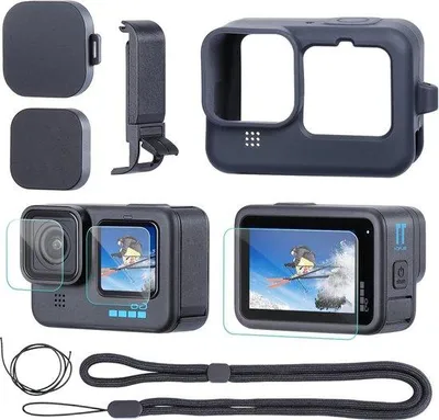Image de Accessoires pour caméras d'action - Coque en silicone - Film de protection pour écran - Couvercle latéral rechargeable - Cache-objectif - Sangle de câble