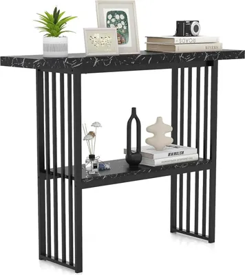 Image de Console - Table d'appoint étroite - 2 niveaux - Structure métallique - Aspect marbre - Pour le couloir et le salon - Noir