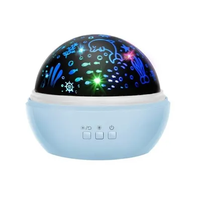 A blue night light projector with a dome displaying a starry sky and sea creatures.