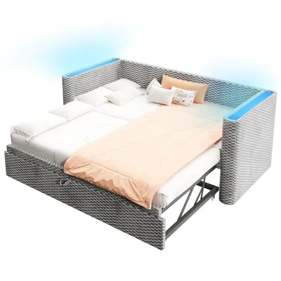 Produktbild von Schlafsofa mit Bettfunktion und LED-Beleuchtung 90x200cm/180x200cm, Liegefläche erweiterbar, Polsterbett, Jugendbett, Samt