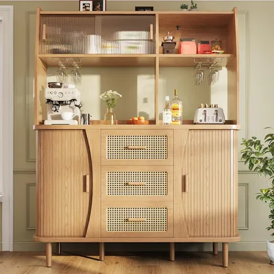 Produktbild von Küchenschrank mit Rattanoptik & Glasschiebetüren Hochschrank Küchenbuffet Vitrinenschrank Buffetschrank 140*40.5*174.5cm Holz