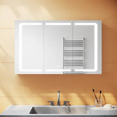 Produktbild von SONNI 105x65cm 3-türig Edelstahl Bad Spiegelschrank mit LED 3-Farben-Beleuchtung Touch schalten Kabelloses Scharnier Design mit Rasiersteckdose