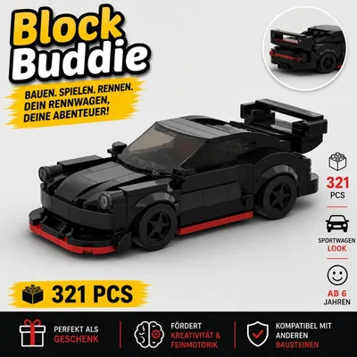 Produktbild von BlockBuddie™ 911 Schwarz Rot inspiriertes Klemmbaustein Auto mit 321 Teilen – Sportwagen Modellbausatz