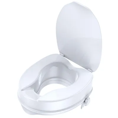 A white toilet seat riser with the lid open, shown from a slightly elevated angle against a white background.