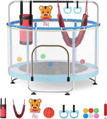 Produktbild von Outdoor Trampolin für Kinder - 150 cm Gartentrampolin - Verstellbares Kleinkind Trampolin - Sicherheitsnetz mit Sandsack - Belastbar bis 150 kg - Blau