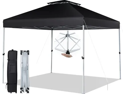 A black pop-up gazebo with its frame and carrying bag shown separately.