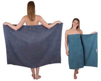 Produktbild von Betz 2 Stück XXL Duschtücher 100 x 150 cm BERLIN  Badetücher 100% Baumwolle Farbe – dunkelgrau-taubenblau