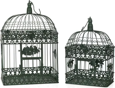 Zdjęcie produktu dla zestaw 2 metalowych klatek dekoracyjnych stare zielone vintage klatki dla ptaków wiszące dekoracje shabby chic ogrodowe klatki dekoracyjne z ozdobami 51cm i 42cm kwiatowy wzór romantyczny antyczny wygląd