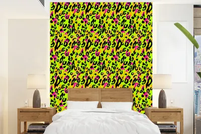 Produktbild von MuchoWow® Fototapete für Wohnzimmer oder Schlafzimmer Wandtapete Vinyl Motivtapete Pantherdruck - Neon - Gelb - Rosa - 190x260 cm - Papiertapete