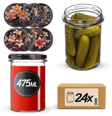 Obrázek produktu pro KADAX Sklenice na zavařování o objemu 475 ml s průměrem 82 mm, s víčky na šroubování, vhodné pro zavařování marmelád, kompotů a uchovávání marmelád a medu (květinový motiv, 24 kusů)
