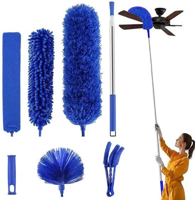 Obrázok produktu pre Sada Unyqoos® na čistenie teleskopických tyčí – 7-dielna, nastaviteľná oceľová teleskopická tyč (40,8–210 cm), návleky z mikrovlákna a froté, umývateľné poťahy