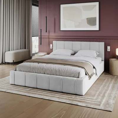 Produktbild von FDM Bett FLORIDA Trinity 120x200 cm Polsterbett mit Lattenrost aus Metall Bettkasten Stauraumbett Samt weiß