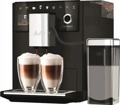 A Melitta automatic espresso machine is shown making two lattes into clear glasses.