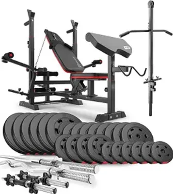 Produktbild von Hop-Sport multifunktionale Hantelbank HS-1075 - mit Curlpult und Latzug - inkl. 135 KG Hantelset Lang-, Curl- & Kurzhantelstange, Gewichte