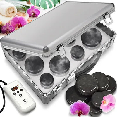 Productafbeelding van Hot Stone Massage Set – Draagbaar therapeutisch systeem met verwarmde stenen, digitale temperatuurregelaar, inclusief 12 massage-stenen