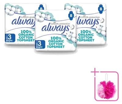 Imagen del producto de 3 paquetes de toallas sanitarias nocturnas Always Baumwolle Protection con alas, 100% algodón orgánico, pack económico, 3 unidades por paquete