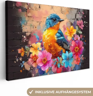 Produktbild von MuchoWow® - Leinwandbilder - Graffiti - Vogel - Blumen - Straßenkunst, Wandbild, Wanddeko Bilder Wohnzimmer, 60x40cm