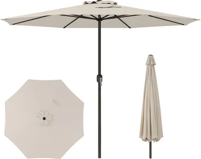 A beige patio umbrella is shown in three different views: fully open, closed, and a top-down view of the canopy.