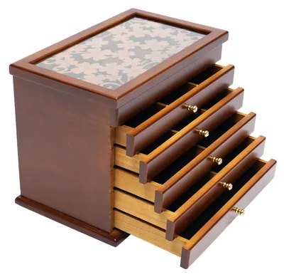 Produktbild von Große Schmuckschatulle - 6-stöckige Schmuckbox mit Schubladen - Holz Aufbewahrungsbox - Multifunktionaler Organizer - Vintage Design - Braun