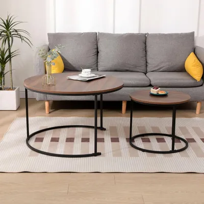Produktbild von Happy Home Rund Couchtisch 2er Set mit Metallgestell Stapelbar vielseitig kombinierbar Wasserabweisend stabil für Wohnzimmer Apartments Braun
