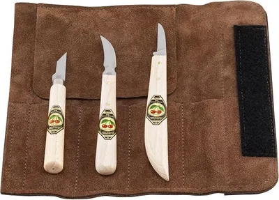 Imagen del producto de Herramientas 3307000: Juego de cuchillos de tallado en estuche de cuero de terciopelo, de 3 piezas. Cuchillos de tallado para principiantes y profesionales