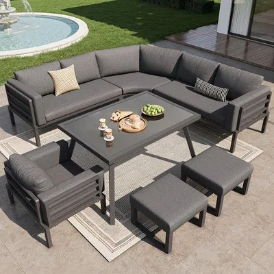 Produktbild von Halbrunder Gartenstuhlset für 8 Personen / Stabiles Metallrahmen mit grauen Kissen / Komplett mit Glas-Tisch, 1 Sessel und 2 Stühlen / Wetterbeständiges Gartenmöbel für Balkon