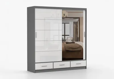 Produktbild von FRENCE Schwebetürenschrank Kleiderschrank 200 cm Grau/Weiß Hochglanz mit Spiegel, Schubladen, Schiebetürenschrank