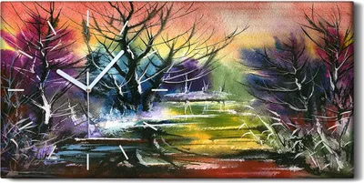 Produktbild von Küche Wohnzimmer Wand Leinwand Uhr 60x30 Wasserfarbe Landschaft Wald Bäume - weiße Hände