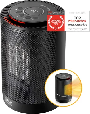 Produktbild von TZS First Austria Heizlüfter energiesparend | Kleiner & leiser Heizstrahler mit Keramik Heizelement | Heizgerät mit Oszillation | Elektroheizung 600-1200 Watt, Timer, Thermostat, Umkippschutz, schwarz