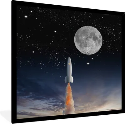 Produktbild von MuchoWow® Gerahmtes Poster Eine Illustration der Raumfähre und des Vollmondes 40x40 cm - Poster mit Schwarzem Bilderrahmen Wandposter Rahmen Foto Bilder - Mit Rahmen - Wanddekoration Schlafzimmer