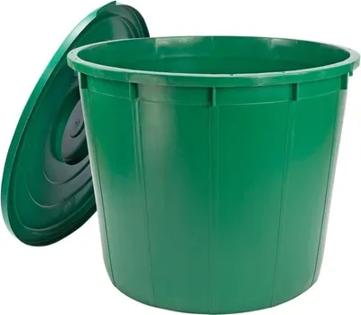 A green plastic water butt with its lid placed next to it, on a white background.