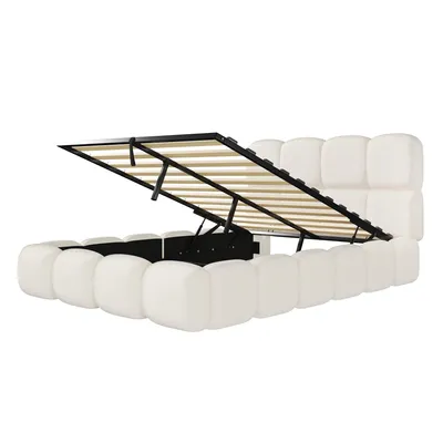 Produktbild von Flieks Hydraulisches Polsterbett 140x200cm mit Stauraum, Doppelbett Stauraumbett mit Lattenrost, Jugendbett Holzbett mit Kopfteil, Bouclé, Weiß