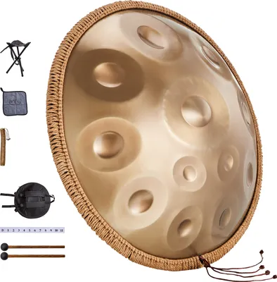 Image de SucceBuy Tambour Handpan de 22 pouces, 12 notes, ré mineur, son d'acier guérisseur, 440 Hz, avec baguettes, support et sac de transport, instrument de percussion pour adultes et débutants