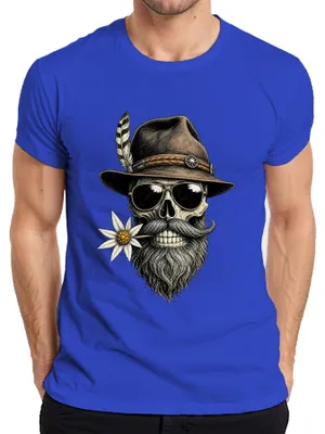 Immagine prodotto di Teschio, barba, edelweiss, cappello tradizionale, , pantaloni di pelle, abito tradizionale da donna, maglietta da uomo, blu, taglia XL