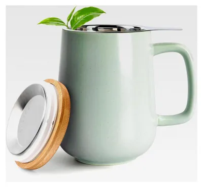 Produktbild von Teetasse mit Deckel und Sieb - 500 ml Keramiktasse für losen Tee - Große Teetasse in Pastelltürkis