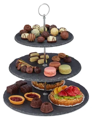 Produktbild von Relaxdays Etagere, 3 Etagen, Schiefer, Kuchen, Snacks, Obst, Metallgriff, Servierständer, HxD 34x30 cm, anthrazit/silber, 10030732
