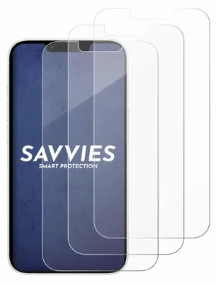 Three transparent screen protectors are shown, with one placed on a smartphone.