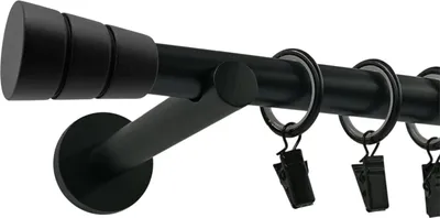 A black metal curtain rod with rings and clips, shown against a white background.