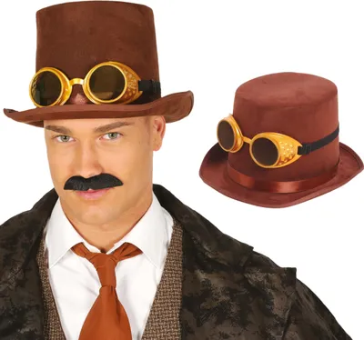 Produktbild von Steampunk Zylinder Hut Mit Brille Für Fasching Und Karneval Authentischer Look Elegant Verarbeitet Für Kreative Kostümideen Accessoire Für Abenteuerliche Feiern, Farbe: Braun