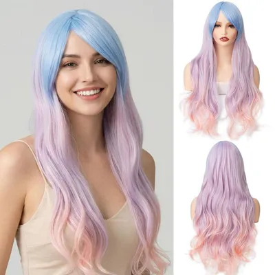 Image de Perruque pour femmes, dégradé bleu, rose et violet, 70 cm de long, ondulée, avec frange