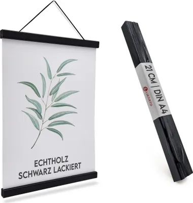 Produktbild von LIKARTO Premium-Posterleiste Holz Schwarz A4 | 21 cm - Hochwertige magnetische Bilderleiste aus Echtholz inkl. Lederband - Einfaches Bilder aufhängen