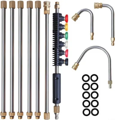 Produktbild von Hochdruckreiniger-Verlängerungsstab-Set mit 5 Düsen, 1 Dachrinnenreinigungswerkzeug, gebogenem Griff, 1/4-Zoll-Schnellanschluss, 4000 PSI